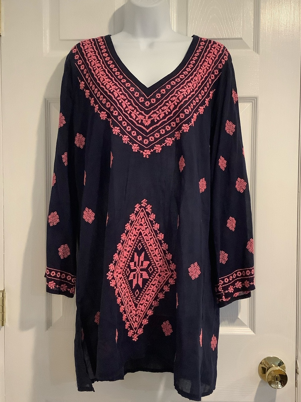 NWT SURF GYPSY 100% Cotton Navy/Pink Semi Sheer Embroidered Fall Boho Tunic M